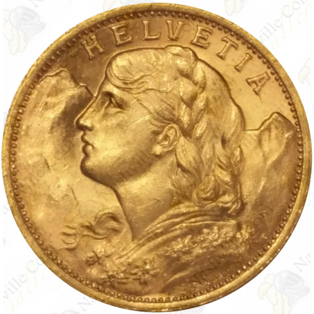 Swiss Helvetia 20 Francs, AU/BU, .1867 oz. pure gold - SKU #22501 | Nashville Coin Gallery