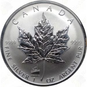 1998 Canada 1 oz .9999 fine silver Reverse Proof Maple Leaf with Titanic privy