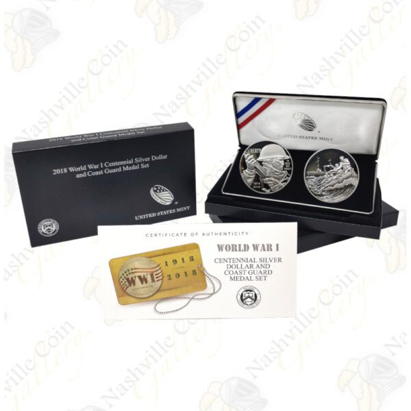 2018 World War I Centennial Silver Dollar and U.S. Coast Guard Medal Set