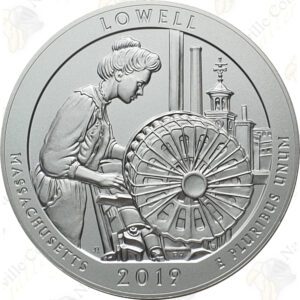 2019-P LOWELL NATIONAL HISTORIC PARK 5 OZ ATB SILVER COIN - SPECIMEN