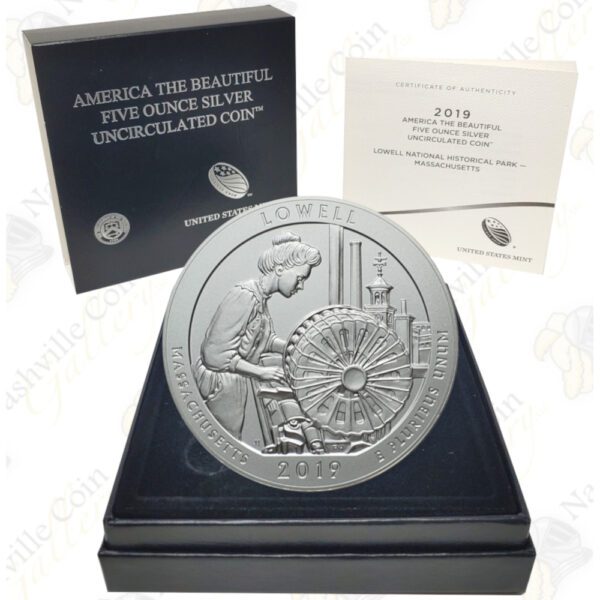 2019-P LOWELL NATIONAL HISTORIC PARK 5 OZ ATB SILVER COIN - SPECIMEN
