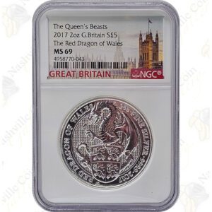 2017 Great Britain Queen's Beasts 2 oz Red Dragon of Wales, NGC MS69
