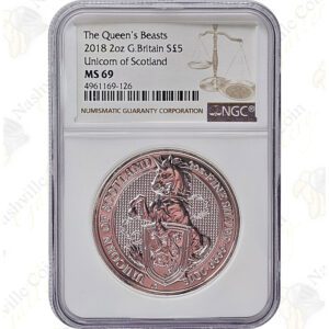 2018 Great Britain Queen's Beasts 2 oz Unicorn of Scotland, NGC MS69