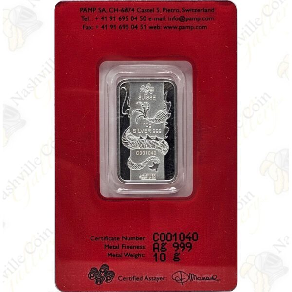 2012 PAMP Suisse 10 gram .999 fine silver Year of the Dragon