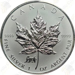 1998 Canada 1 oz .9999 fine silver Reverse Proof Maple Leaf with Tiger privy