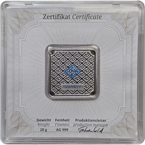 Geiger Edelmetalle 20 gram .999 fine silver bar (Square)