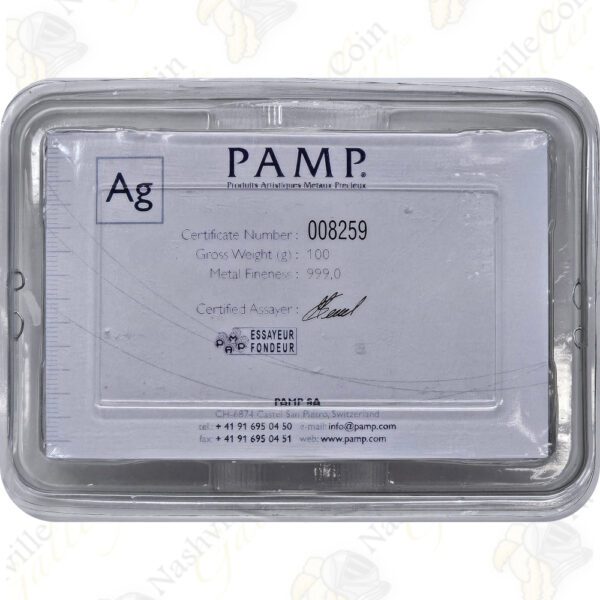 PAMP (Lady Fortuna) 100 gram .999 fine silver bar